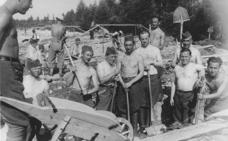 Jewish forced laborers do construction work at a military installation in Liptovsky Hradok